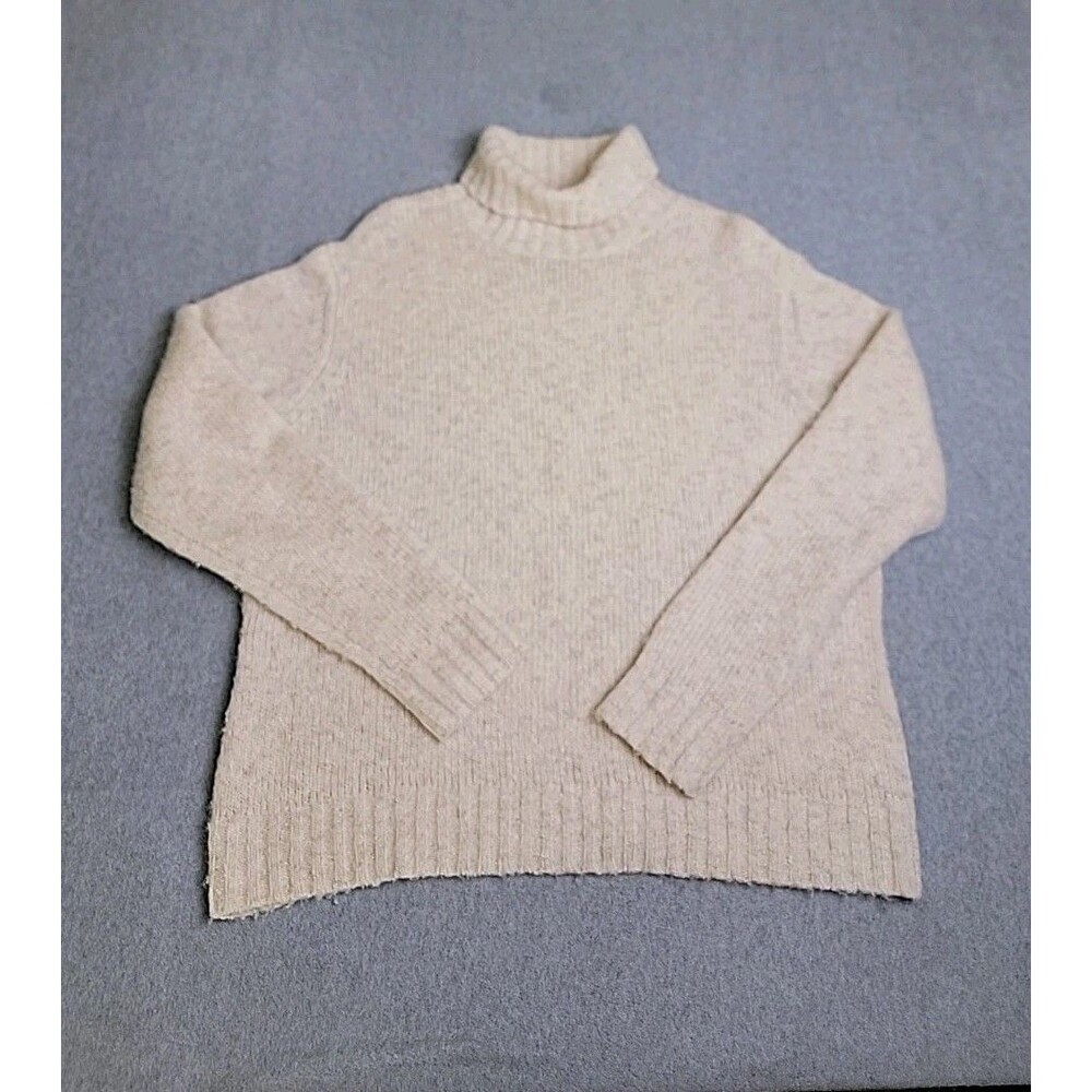 LL Bean Sweater Womens XL Beige Turtleneck Wool Cotton Blend Fisherman Cottage